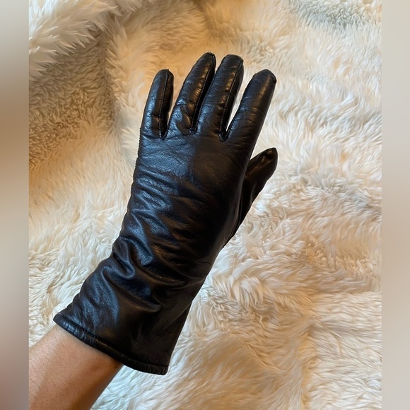 Vintage Van Raalte Black Leather Cashmere Lined Long Gloves Size Small - Picture 1 of 6